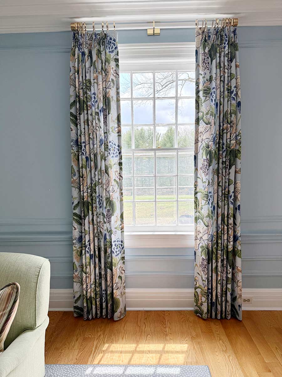 Botanical curtains from Westchester County NY interior design project by The Red Shutters