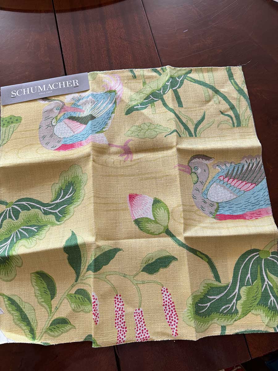 Kitchen window curtain swatch from Westchester County NY interior design project by The Red Shutters