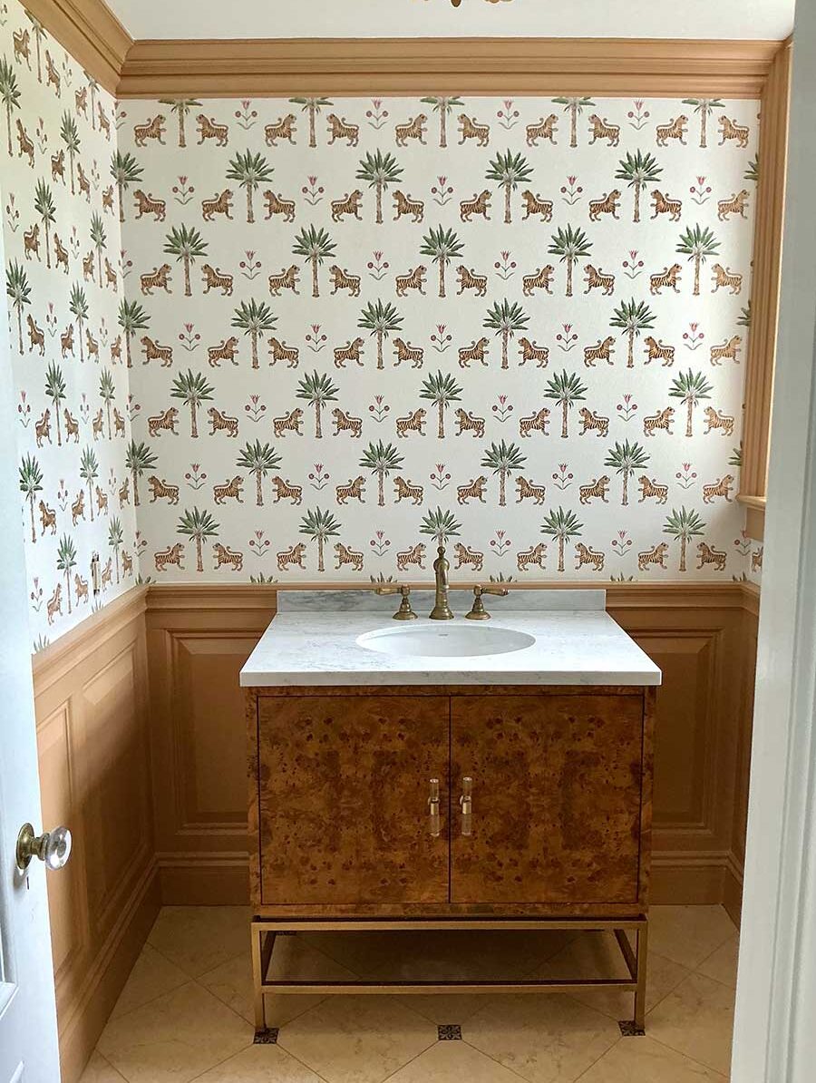 Library bathroom from Westchester County NY interior design project by The Red Shutters