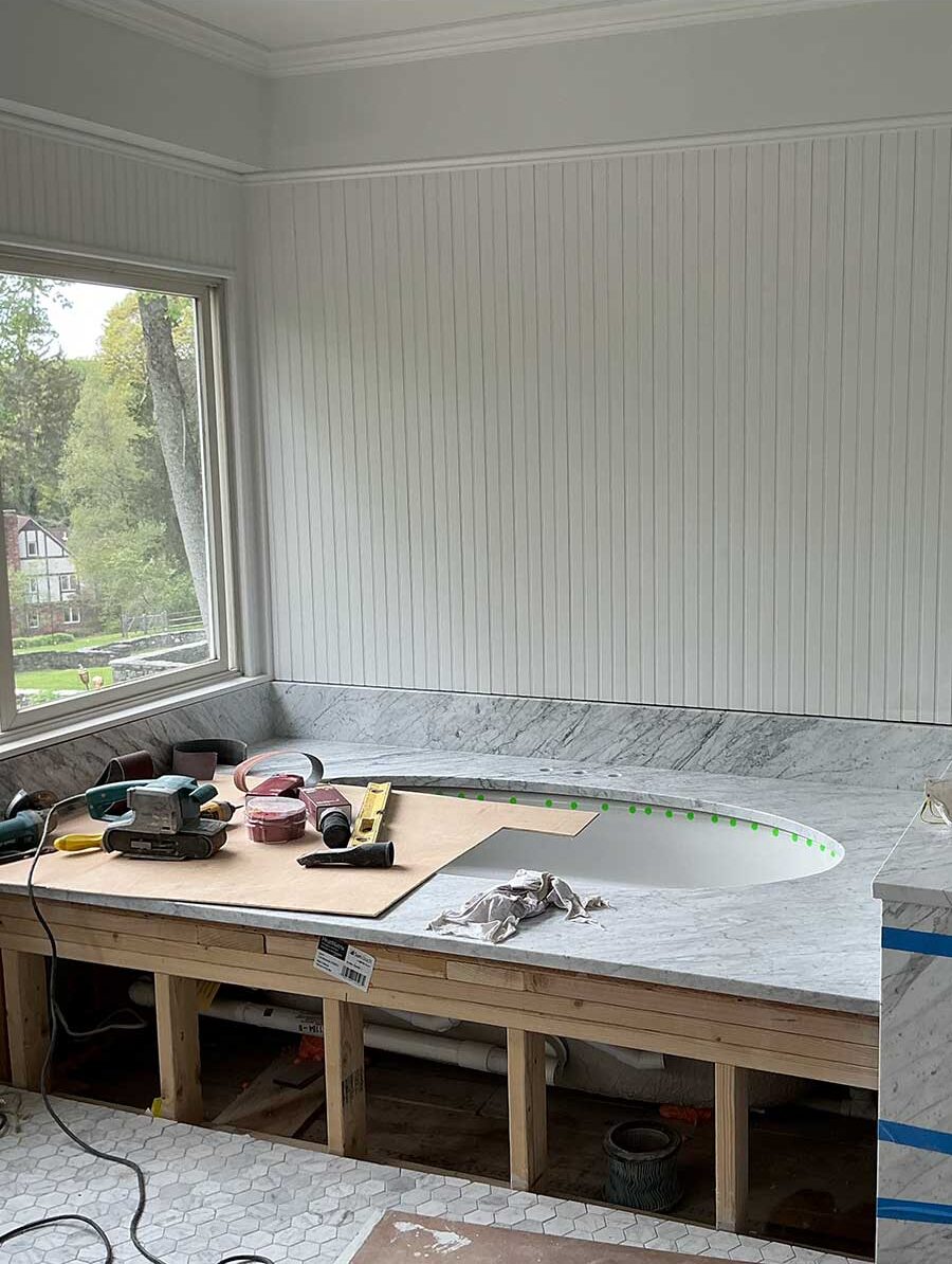 Playroom bathroom from Westchester County NY interior design project by The Red Shutters