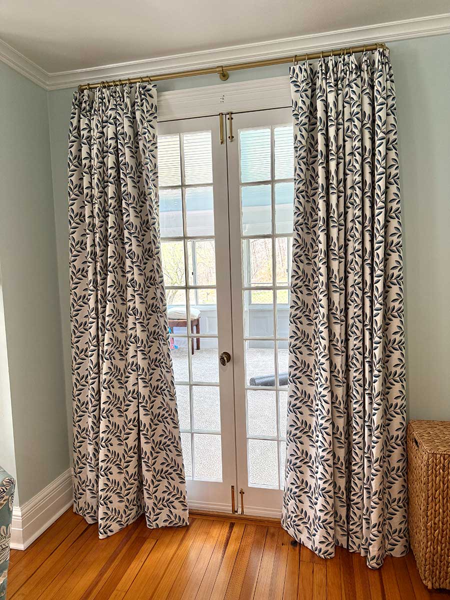 Primary bedroom drapes from Westchester County NY interior design project by The Red Shutters