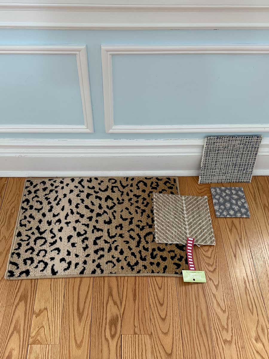 Swatches for foyer carpet from Westchester County NY interior design project by The Red Shutters