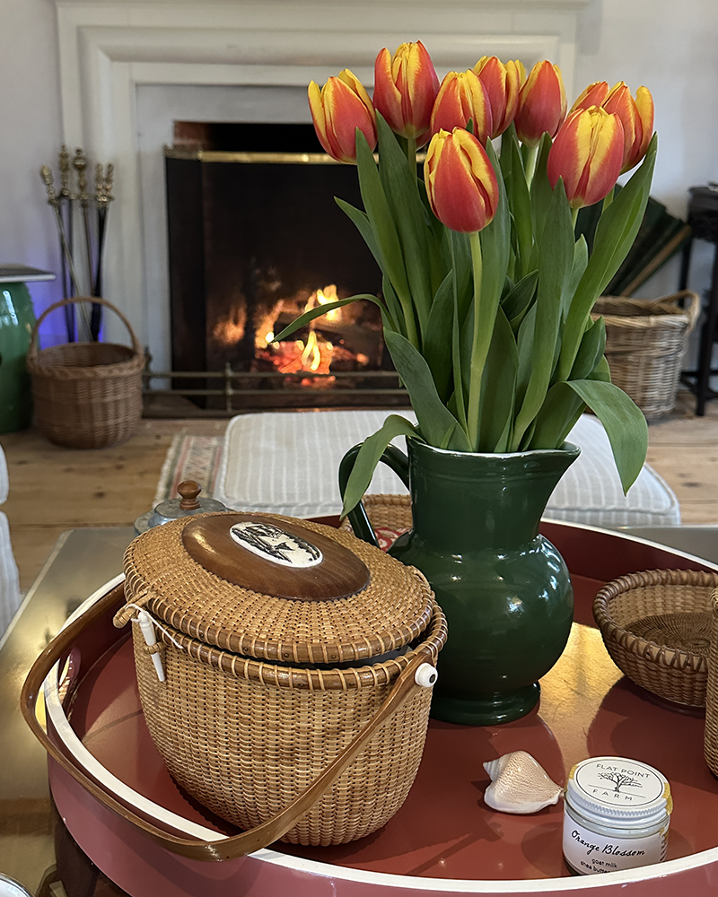 Nantucket Friendship Basket Alongside Flowers on a Tray