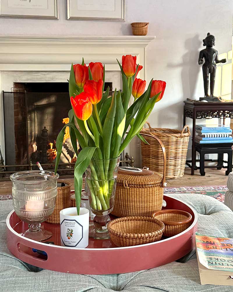 Nantucket Lightship and Friendship Baskets on a Tray on Top of an Ottoman